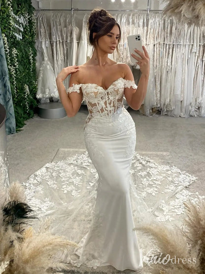 Elegant Off-Shoulder Mermaid Wedding Dress with Floral Lace Corset Bodice and Cathedral Train – ML130-wedding dresses 2025 -Viniodress-Ivory-Custom Size-