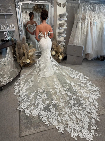 Elegant Off-Shoulder Mermaid Wedding Dress with Floral Lace Corset Bodice and Cathedral Train – ML130-wedding dresses 2025 -Viniodress-Ivory-Custom Size-