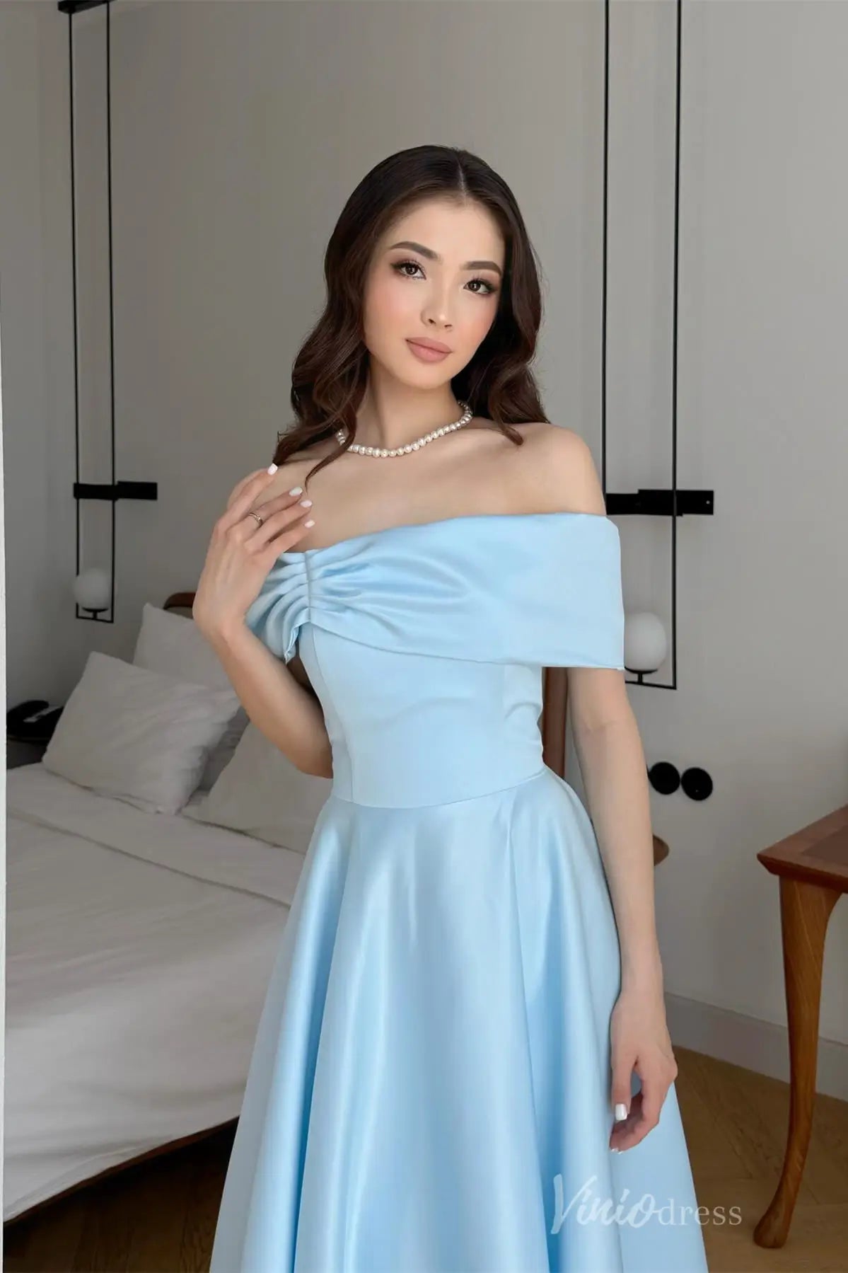 Elegant Off-Shoulder Satin Midi Dress with Pleated Bodice and Lace-Up Back – AS033-prom dresses 2025 -Viniodress-Light Blue-Custom Size-