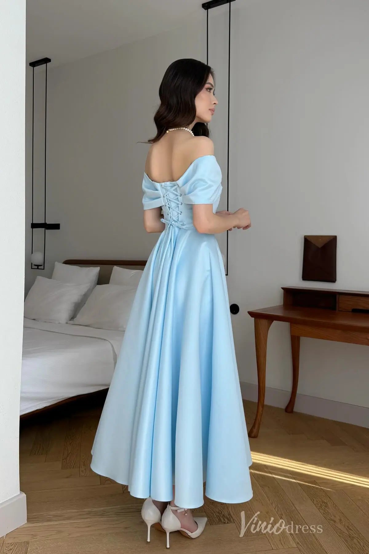 Elegant Off-Shoulder Satin Midi Dress with Pleated Bodice and Lace-Up Back – AS033-prom dresses 2025 -Viniodress-Light Blue-Custom Size-