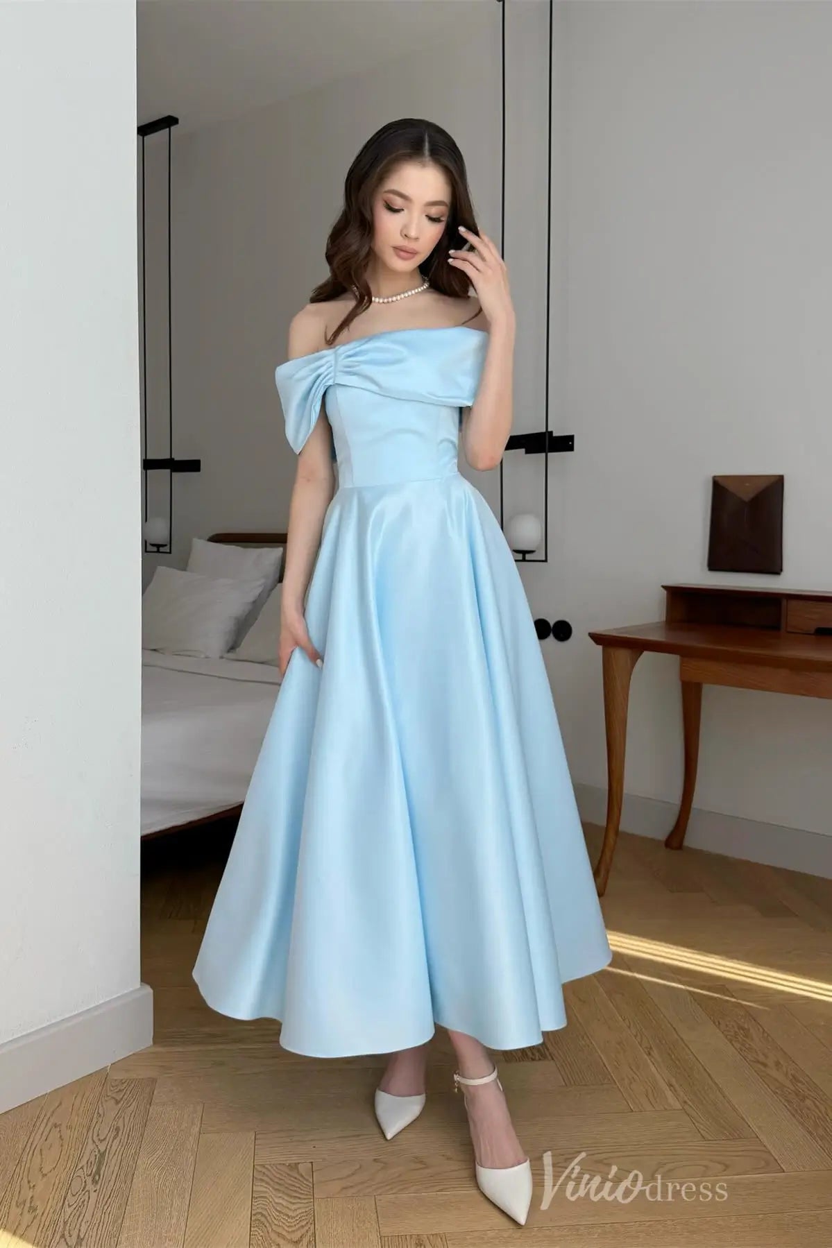 Off-Shoulder Satin Midi Dress with Pleated Bodice and Lace-Up Back AS033 Viniodress Off-Shoulder Satin Midi Dress with Pleated Bodice and Lace-Up Back AS033 Viniodress