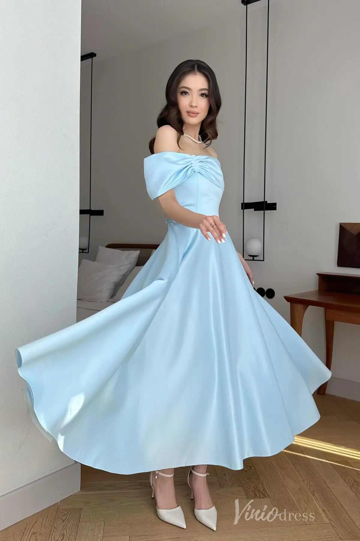 Off-Shoulder Satin Midi Dress with Pleated Bodice and Lace-Up Back AS033 Viniodress Off-Shoulder Satin Midi Dress with Pleated Bodice and Lace-Up Back AS033 Viniodress