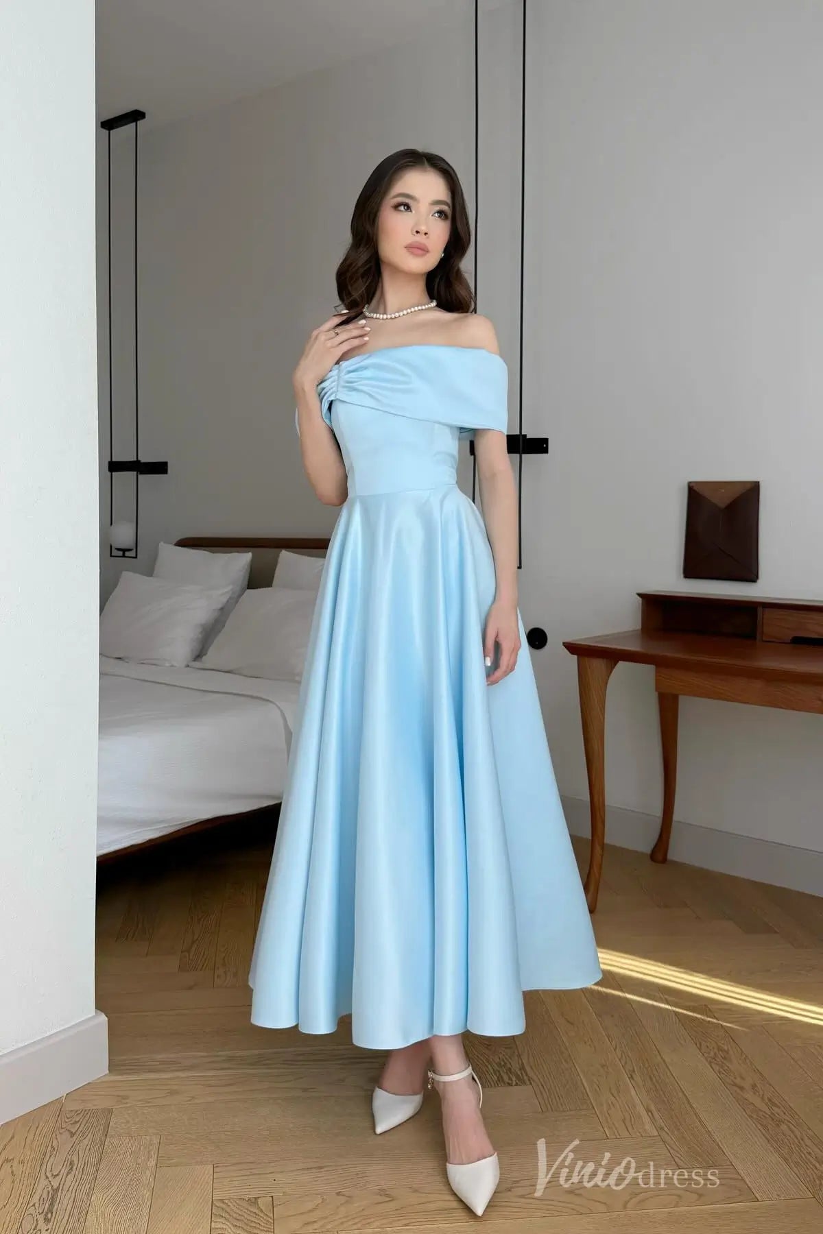 Elegant Off-Shoulder Satin Midi Dress with Pleated Bodice and Lace-Up Back – AS033-prom dresses 2025 -Viniodress-Light Blue-Custom Size-