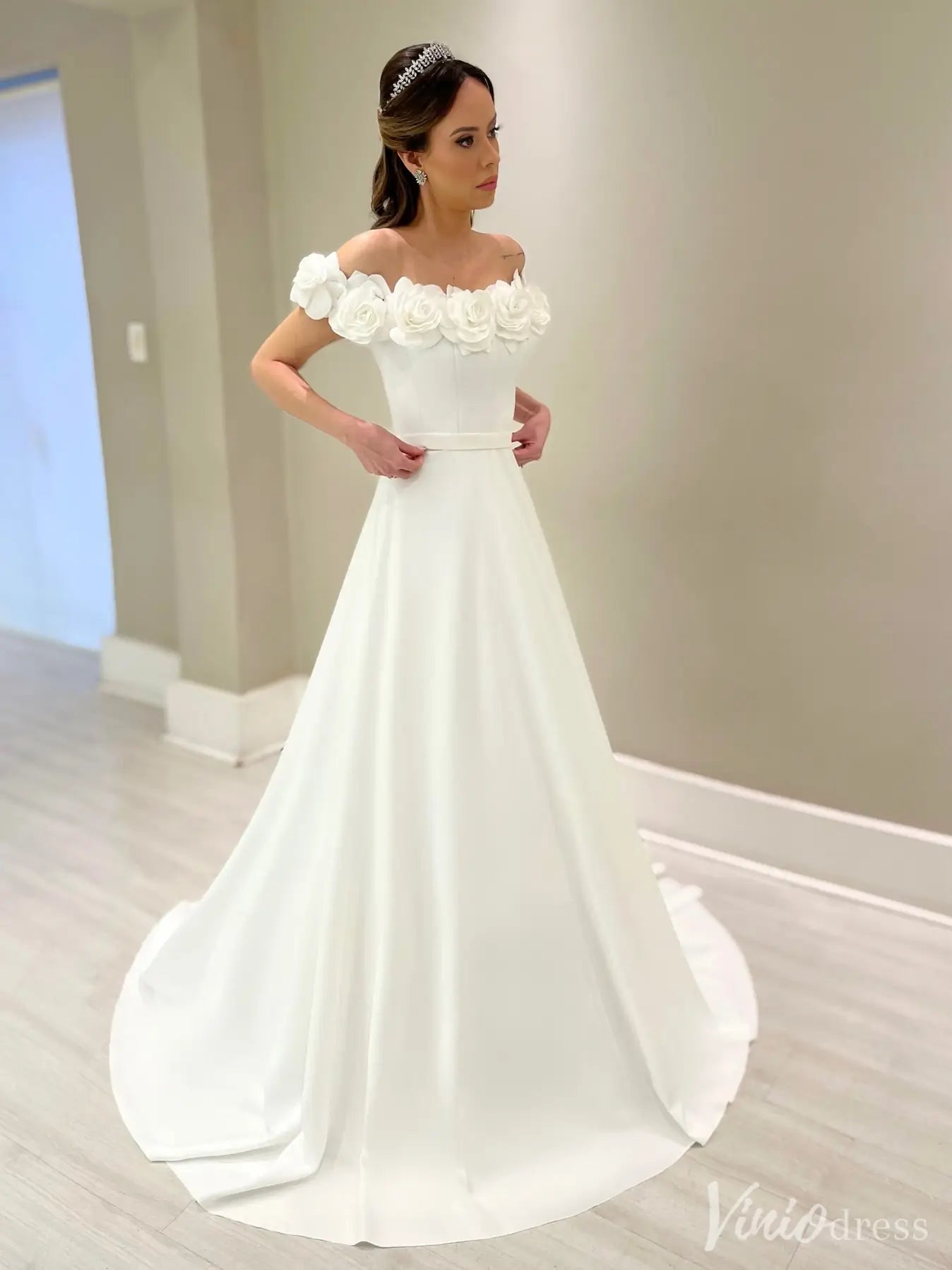 Elegant Off-Shoulder Satin Wedding Dress with 3D Floral Appliques & Belt – IS020-wedding dresses 2025 -Viniodress-White-Custom Size-