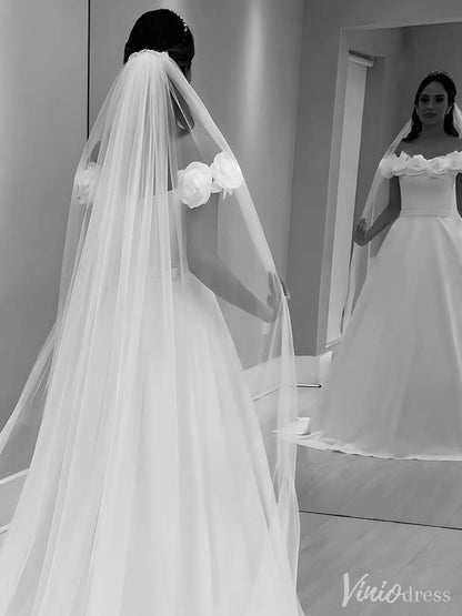 Elegant Off-Shoulder Satin Wedding Dress with 3D Floral Appliques & Belt – IS020-wedding dresses 2025 -Viniodress-White-Custom Size-
