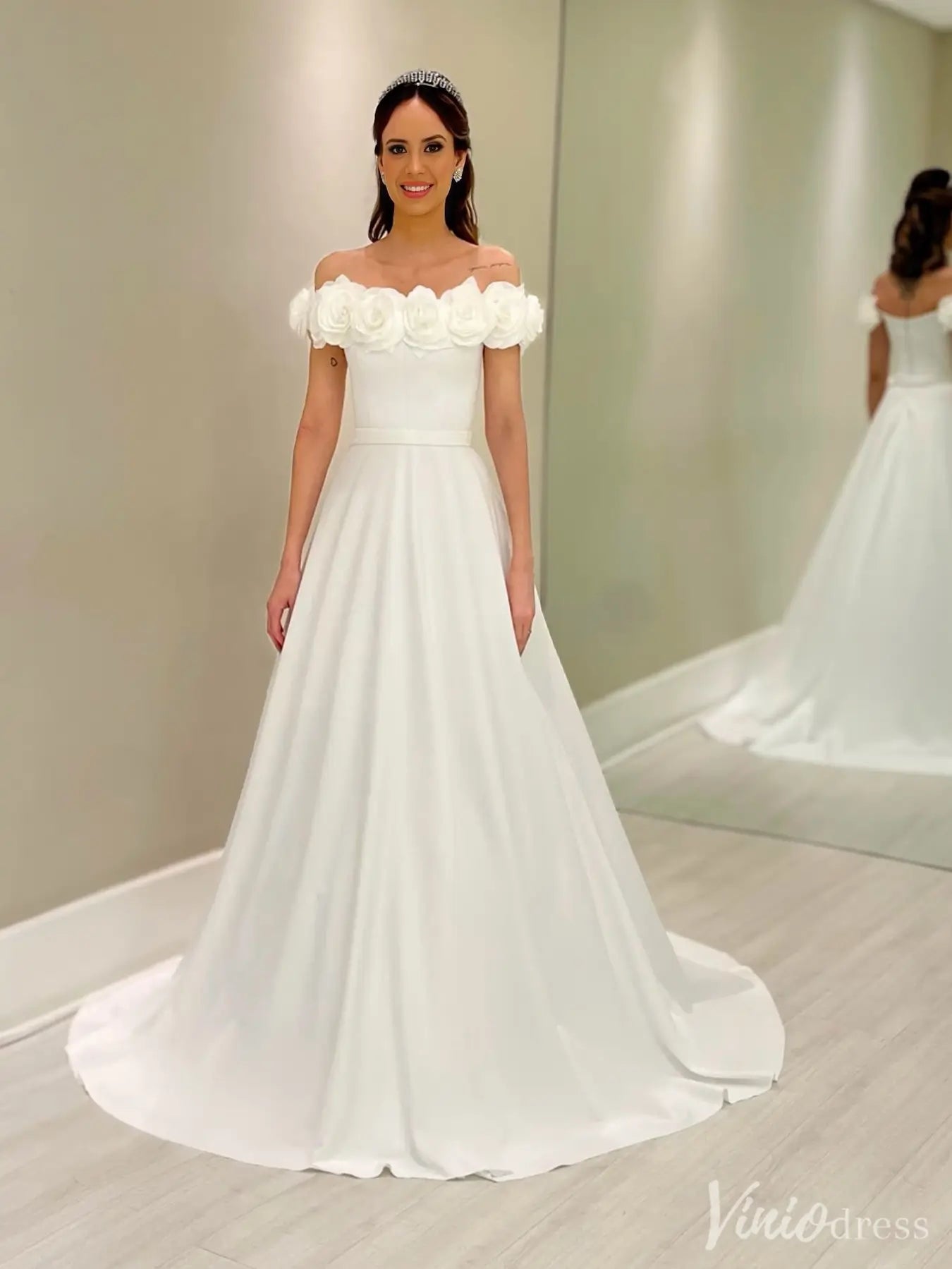 Elegant Off-Shoulder Satin Wedding Dress with 3D Floral Appliques & Belt – IS020-wedding dresses 2025 -Viniodress-White-Custom Size-