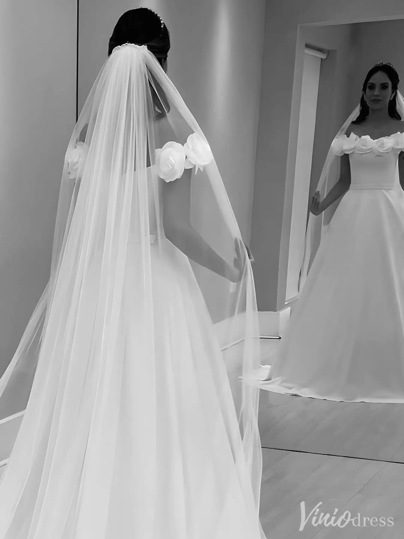 Elegant Off-Shoulder Satin Wedding Dress with 3D Floral Appliques & Be Viniodress Elegant Off-Shoulder Satin Wedding Dress with 3D Floral Appliques & Be Viniodress
