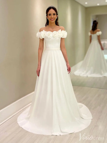 Elegant Off-Shoulder Satin Wedding Dress with 3D Floral Appliques & Belt – IS020-wedding dresses 2025 -Viniodress-White-Custom Size-