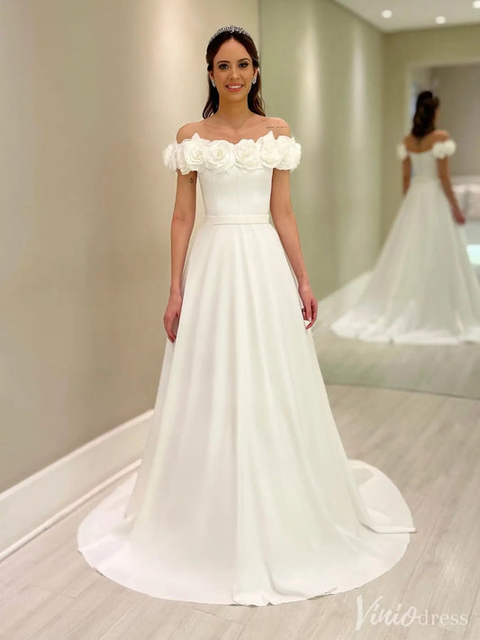 Elegant Off-Shoulder Satin Wedding Dress with 3D Floral Appliques & Belt – IS020-wedding dresses 2025 -Viniodress-White-Custom Size-