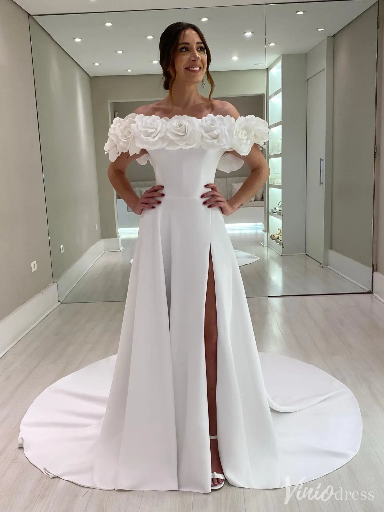Elegant Off-Shoulder Wedding Dress with Floral Appliques & High Slit - IS013-wedding dresses 2025 -Viniodress-White-Custom Size-
