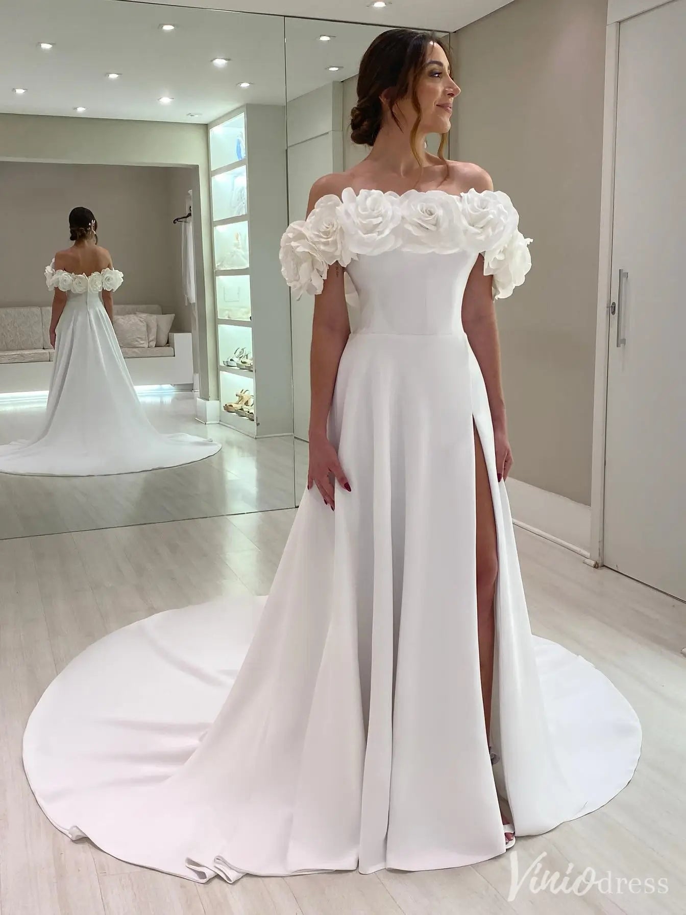 Elegant Off-Shoulder Wedding Dress with Floral Appliques & High Slit - IS013-wedding dresses 2025 -Viniodress-White-Custom Size-