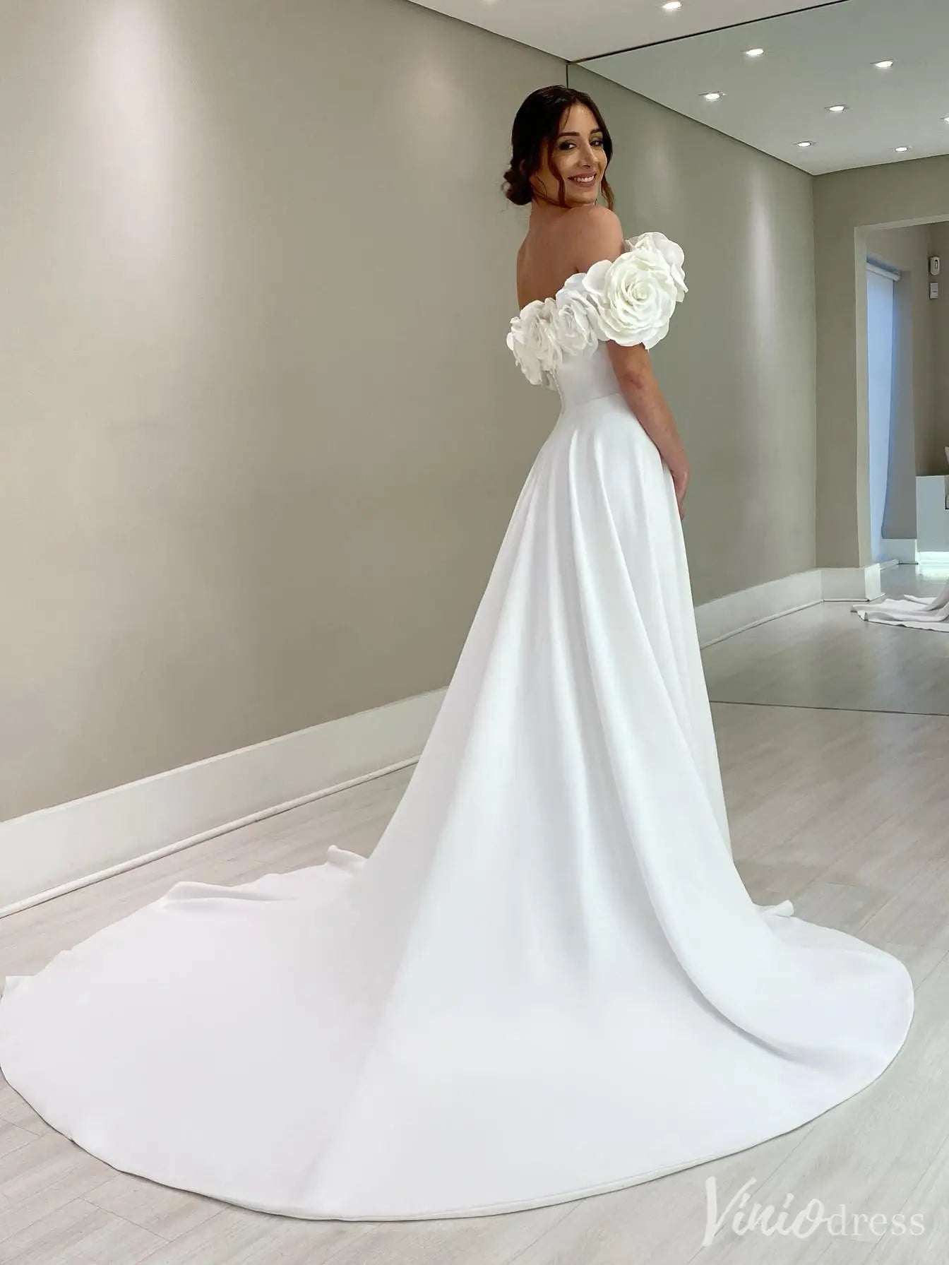 Elegant Off-Shoulder Wedding Dress with Floral Appliques & High Slit - Viniodress Elegant Off-Shoulder Wedding Dress with Floral Appliques & High Slit - Viniodress
