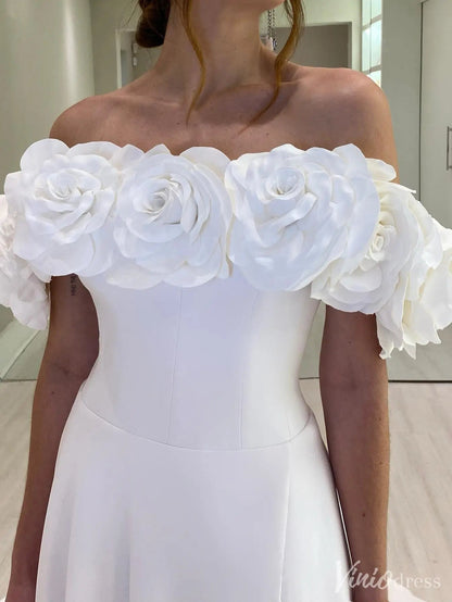 Elegant Off-Shoulder Wedding Dress with Floral Appliques & High Slit - IS013-wedding dresses 2025 -Viniodress-White-Custom Size-