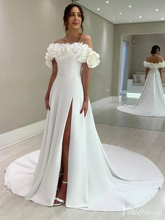 Elegant Off-Shoulder Wedding Dress with Floral Appliques & High Slit - IS013-wedding dresses 2025 -Viniodress-White-Custom Size-