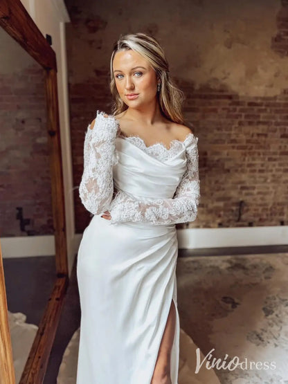 Elegant Off-the-Shoulder Crepe Wedding Dress with Lace Long Sleeves and Slit – MN121-wedding dresses 2025 -Viniodress-Ivory-Custom Size-