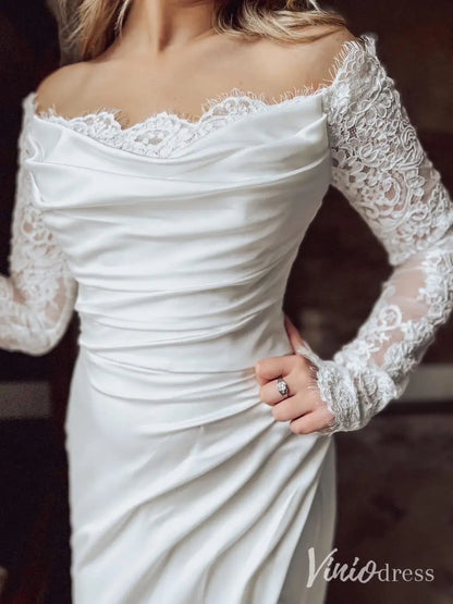 Elegant Off-the-Shoulder Crepe Wedding Dress with Lace Long Sleeves and Slit – MN121-wedding dresses 2025 -Viniodress-Ivory-Custom Size-