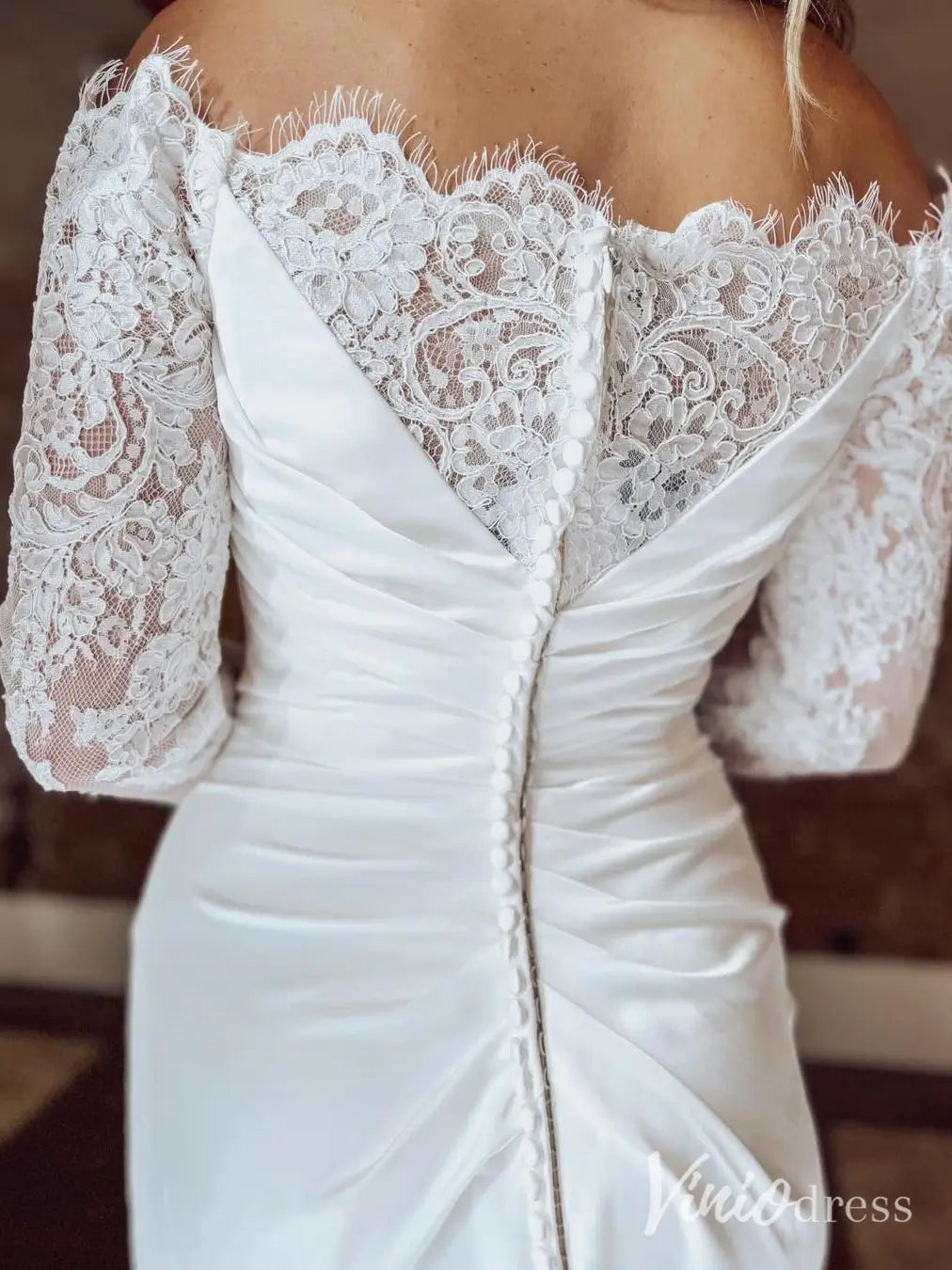 Elegant Off-the-Shoulder Crepe Wedding Dress with Lace Long Sleeves and Slit – MN121-wedding dresses 2025 -Viniodress-Ivory-Custom Size-