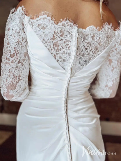 Elegant Off-the-Shoulder Crepe Wedding Dress with Lace Long Sleeves and Slit – MN121-wedding dresses 2025 -Viniodress-Ivory-Custom Size-