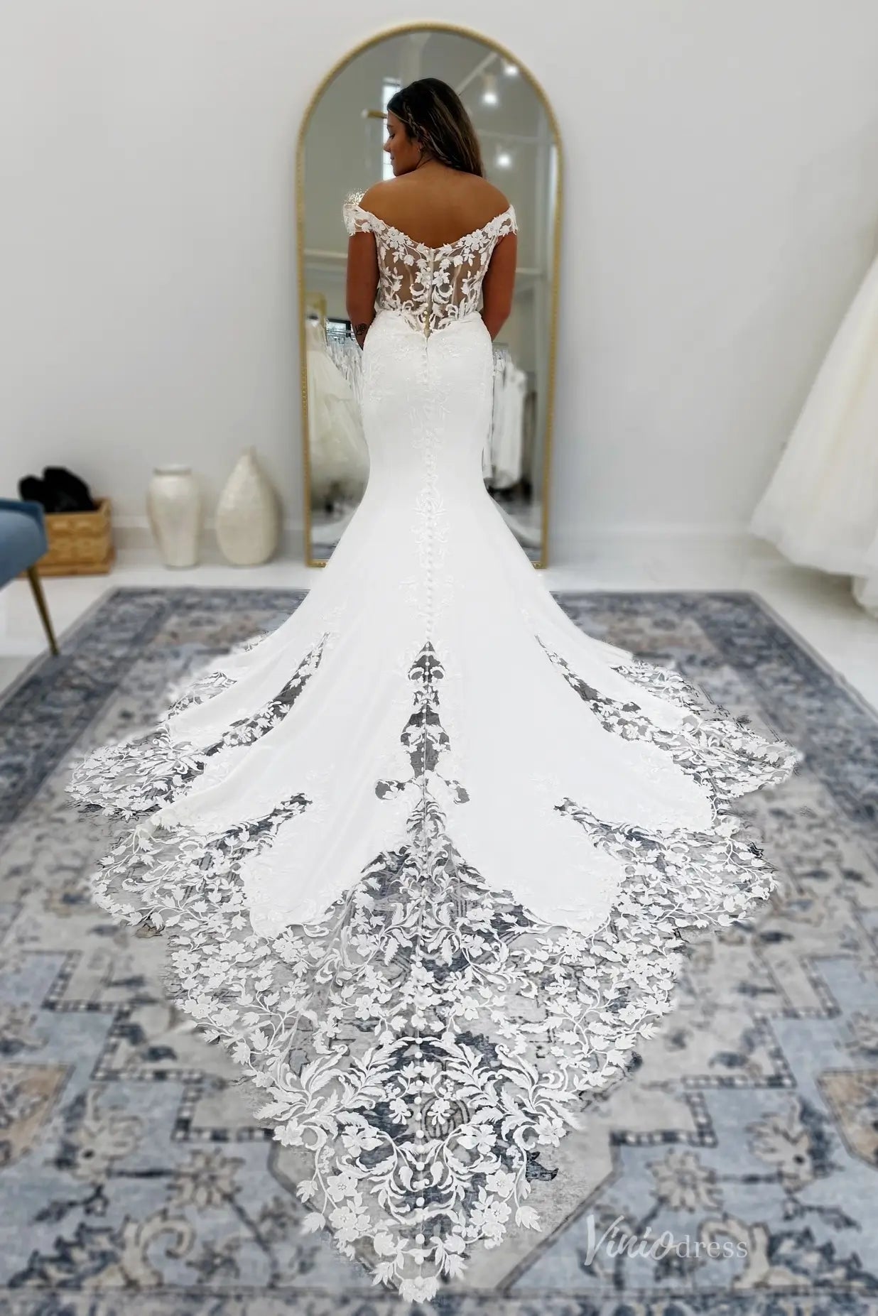 Elegant Off-the-Shoulder Lace Mermaid Wedding Dress with Sheer Bodice & Cathedral Train – SL005