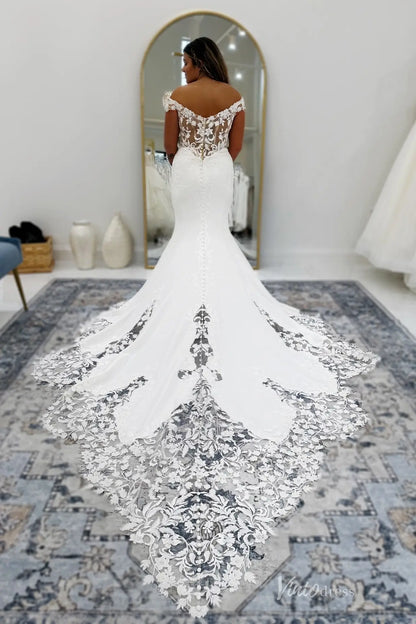 Elegant Off-the-Shoulder Lace Mermaid Wedding Dress with Sheer Bodice & Cathedral Train – SL005