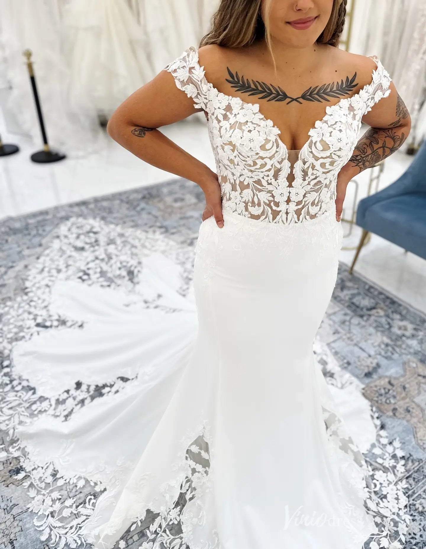 Elegant Off-the-Shoulder Lace Mermaid Wedding Dress with Sheer Bodice & Cathedral Train – SL005