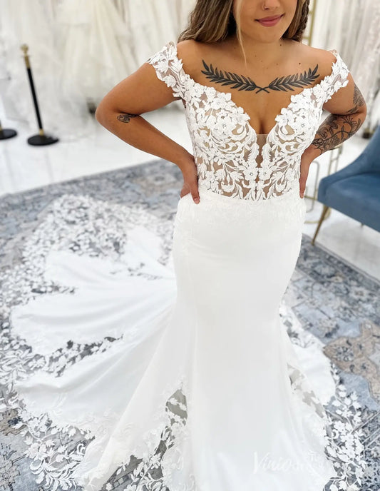Elegant Off-the-Shoulder Lace Mermaid Wedding Dress with Sheer Bodice & Cathedral Train – SL005
