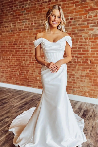Elegant Off-the-Shoulder Satin Wedding Dress with Pearl Beaded Neckline, Corset Bodice & Removable Overskirt Chapel Train – MS152-wedding dresses 2026-Viniodress-Ivory-Custom Size-