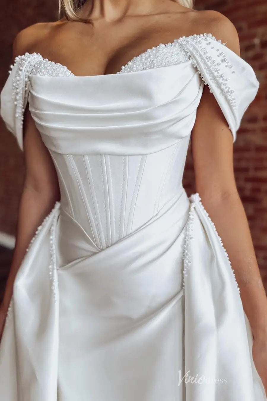 Elegant Off-the-Shoulder Satin Wedding Dress with Pearl Beaded Neckline, Corset Bodice & Removable Overskirt Chapel Train – MS152-wedding dresses 2026-Viniodress-Ivory-Custom Size-