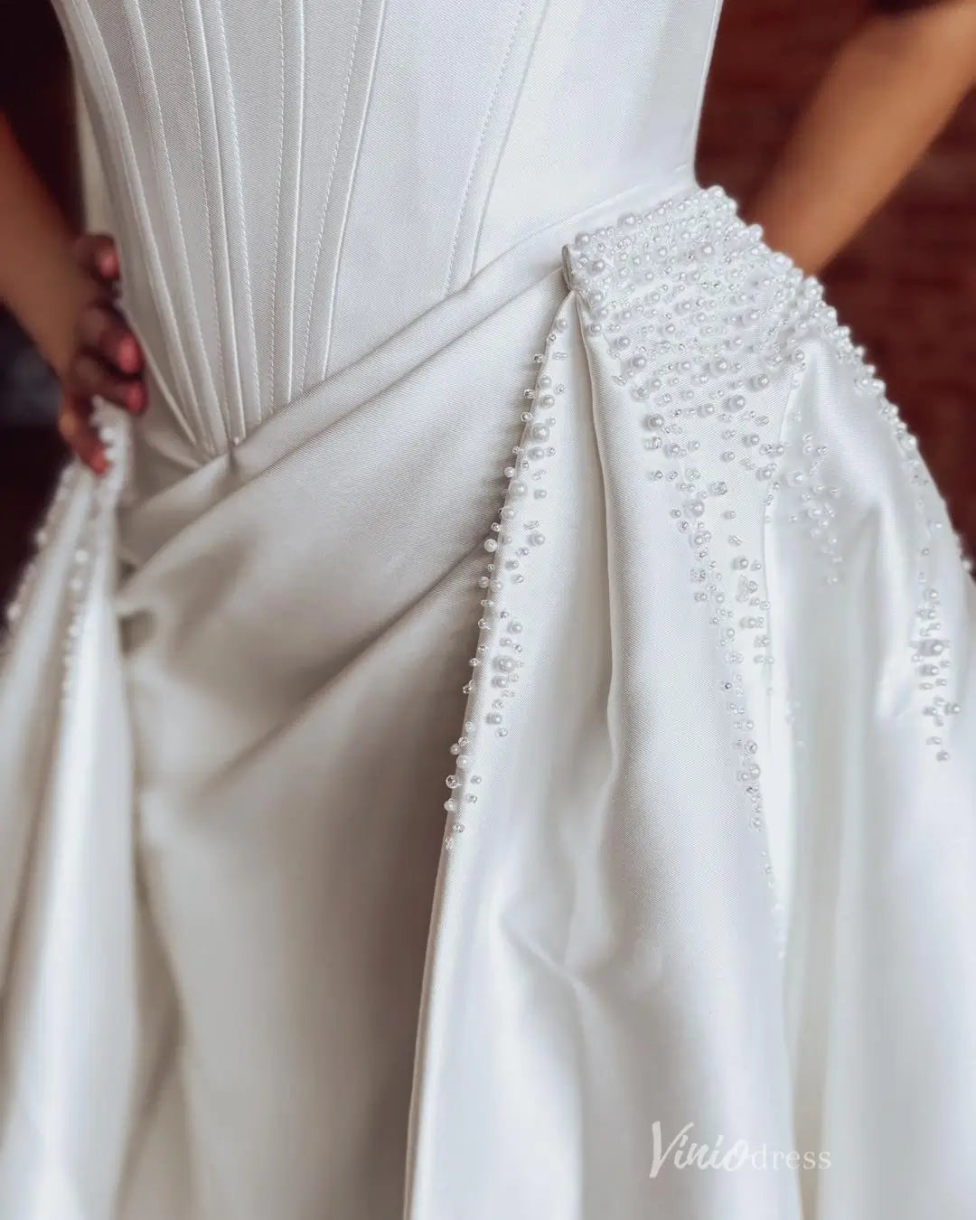 Elegant Off-the-Shoulder Satin Wedding Dress with Pearl Beaded Neckline, Corset Bodice & Removable Overskirt Chapel Train – MS152-wedding dresses 2026-Viniodress-Ivory-Custom Size-