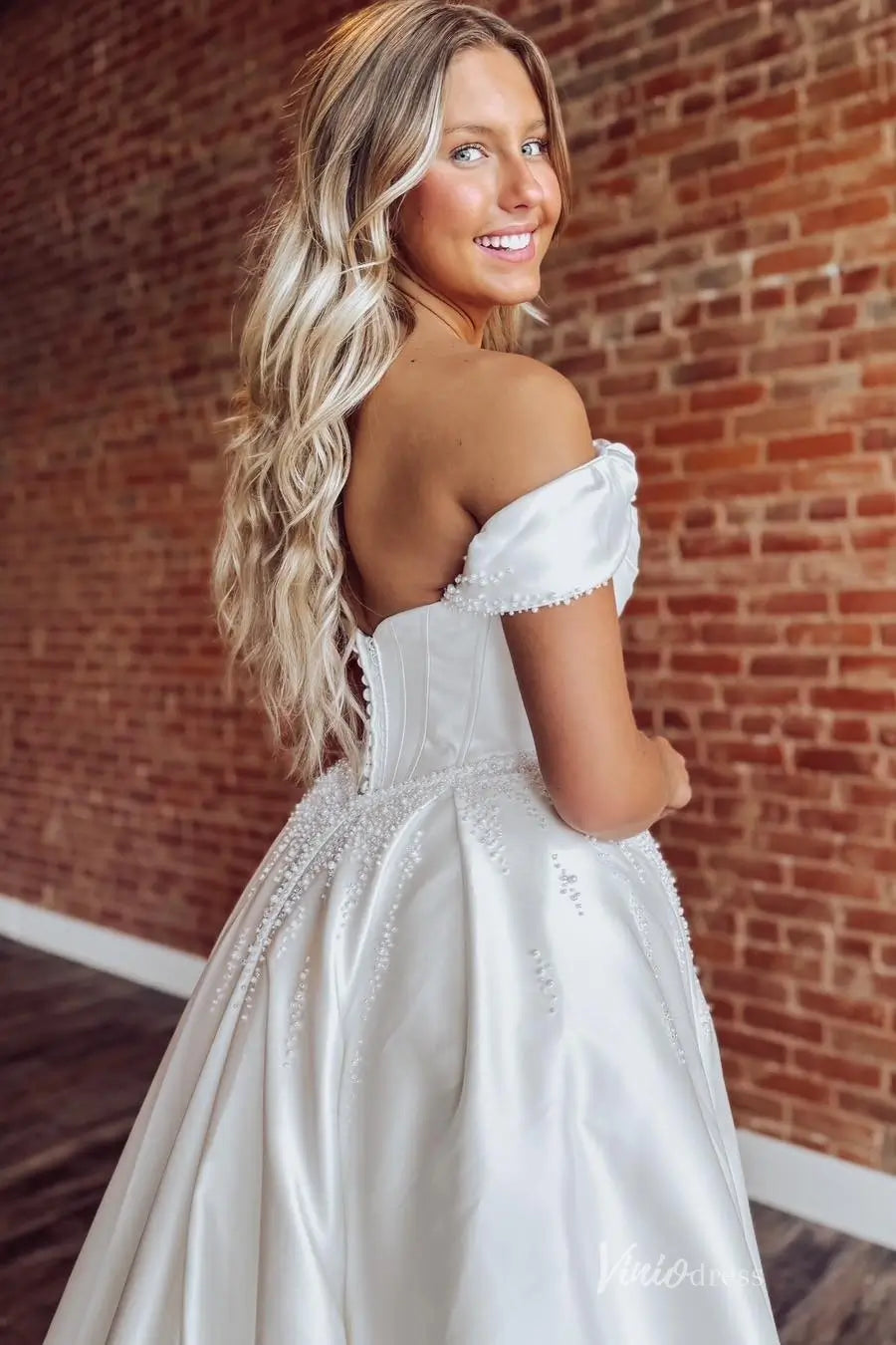 Off-Shoulder Satin Wedding Dress with Pearl Beading & Chapel Train MS152 Viniodress Off-Shoulder Satin Wedding Dress with Pearl Beading & Chapel Train MS152 Viniodress