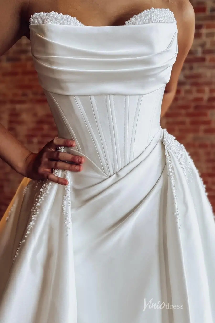 Off-Shoulder Satin Wedding Dress with Pearl Beading & Chapel Train MS152 Viniodress Off-Shoulder Satin Wedding Dress with Pearl Beading & Chapel Train MS152 Viniodress