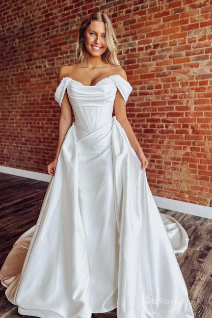 Elegant Off-the-Shoulder Satin Wedding Dress with Pearl Beaded Neckline, Corset Bodice & Removable Overskirt Chapel Train – MS152