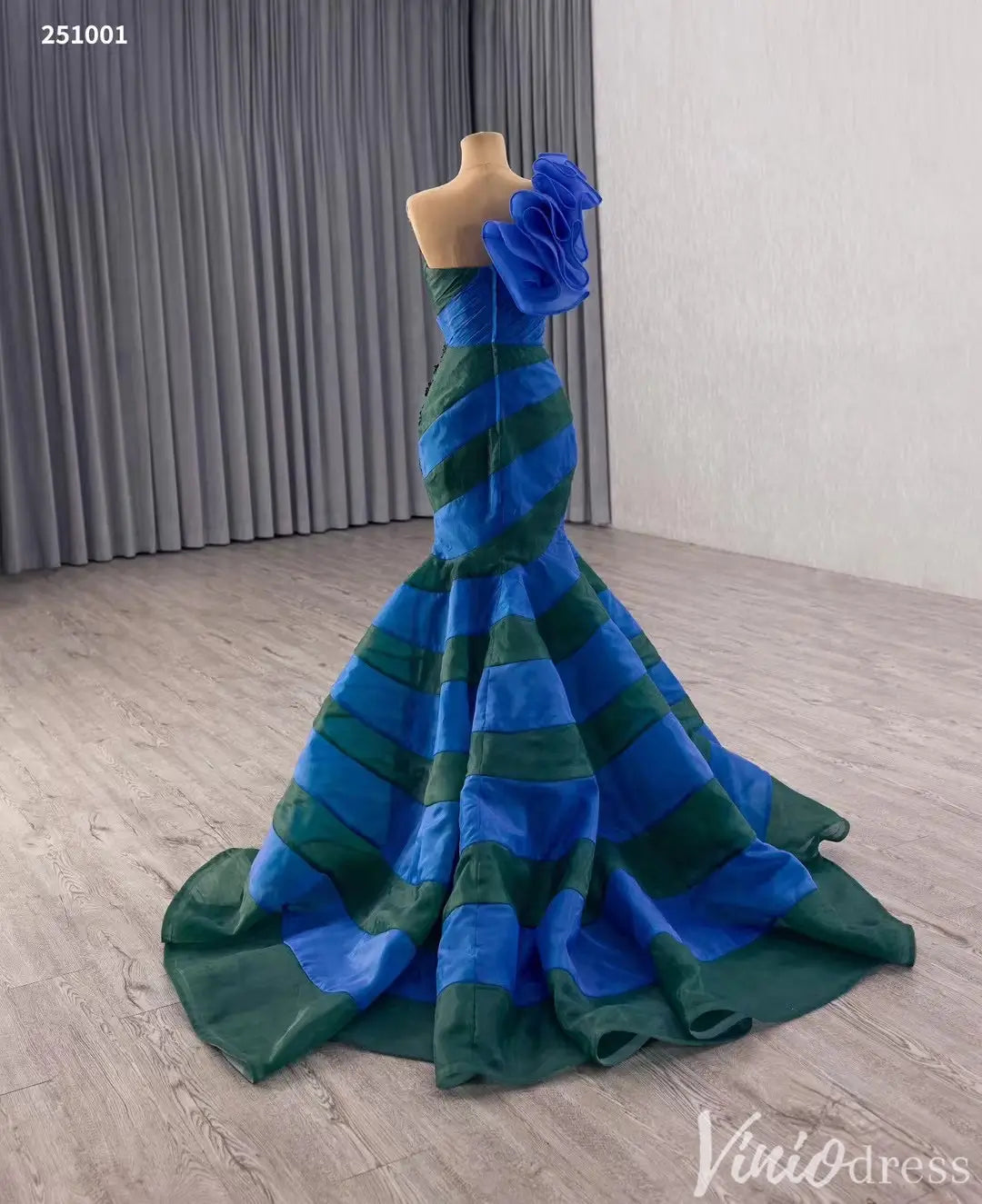 Elegant One-Shoulder Mermaid Evening Gown with Floral Beaded Appliqué and Stripes - Style 251001-Quinceanera Dresses 2025 -Viniodress-Blue-Custom Size-