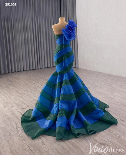 Elegant One-Shoulder Mermaid Evening Gown with Floral Beaded Appliqué and Stripes - Style 251001-Quinceanera Dresses 2025 -Viniodress-Blue-Custom Size-