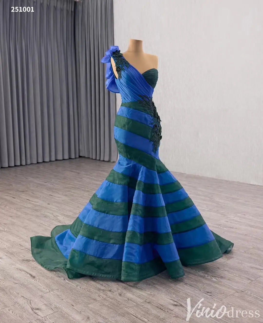 Elegant One-Shoulder Mermaid Evening Gown with Floral Beaded Appliqué and Stripes - Style 251001-Quinceanera Dresses 2025 -Viniodress-Blue-Custom Size-