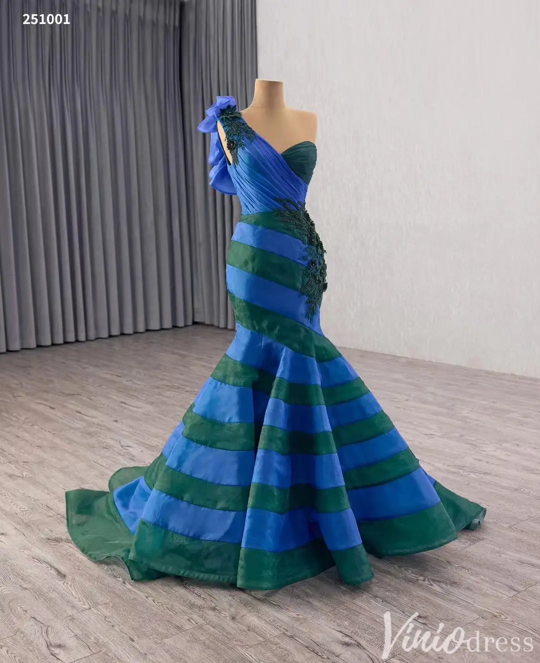 Elegant One-Shoulder Mermaid Evening Gown with Floral Beaded Appliqué and Stripes - Style 251001-Quinceanera Dresses 2025 -Viniodress-Blue-Custom Size-