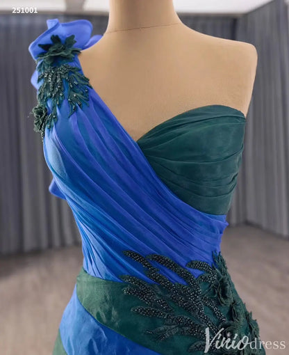 Elegant One-Shoulder Mermaid Evening Gown with Floral Beaded Appliqué and Stripes - Style 251001-Quinceanera Dresses 2025 -Viniodress-Blue-Custom Size-