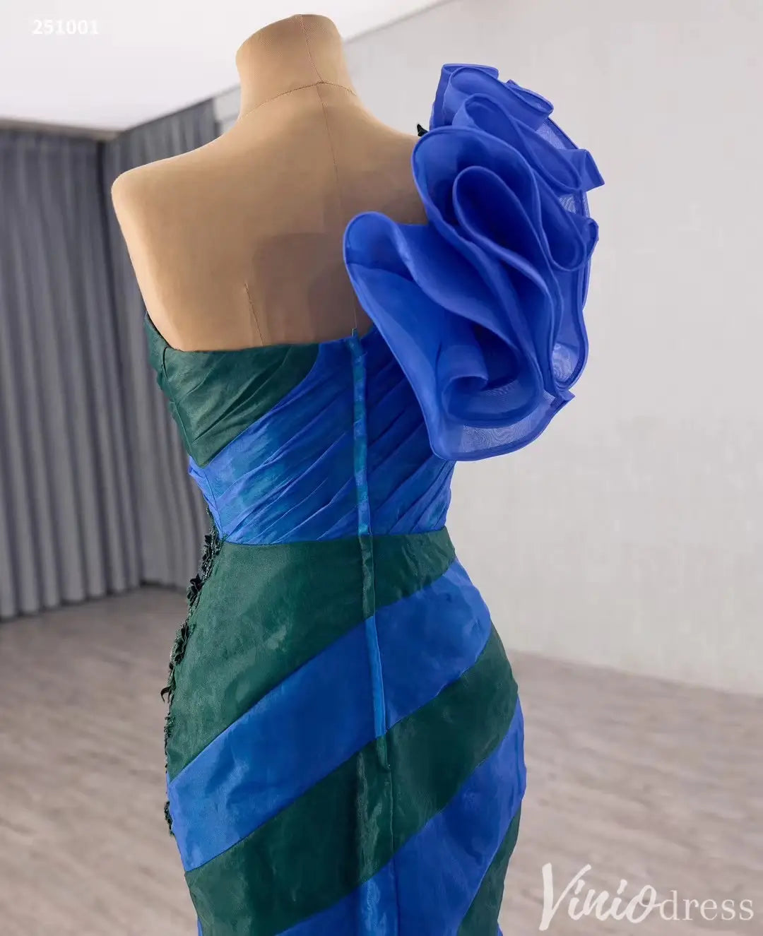 Elegant One-Shoulder Mermaid Evening Gown with Floral Beaded Appliqué and Stripes - Style 251001-Quinceanera Dresses 2025 -Viniodress-Blue-Custom Size-