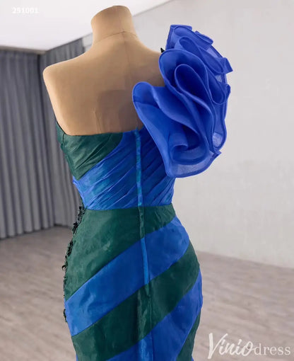 Elegant One-Shoulder Mermaid Evening Gown with Floral Beaded Appliqué and Stripes - Style 251001-Quinceanera Dresses 2025 -Viniodress-Blue-Custom Size-