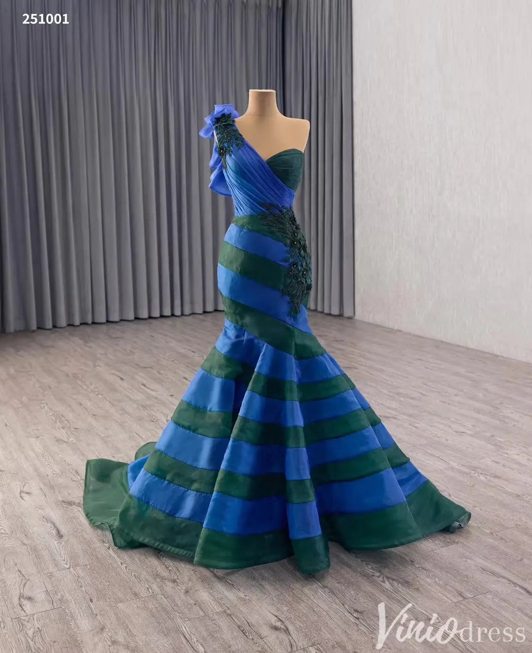 Elegant One-Shoulder Mermaid Evening Gown with Floral Beaded Appliqué and Stripes - Style 251001-Quinceanera Dresses 2025 -Viniodress-Blue-Custom Size-