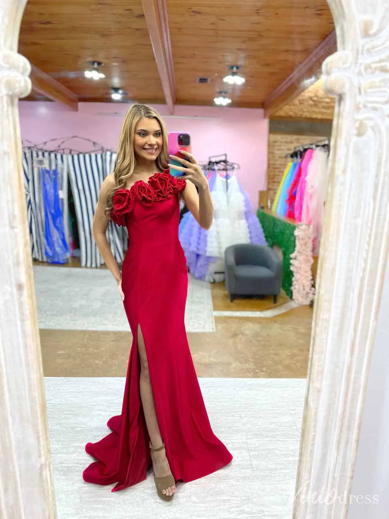 Elegant One-Shoulder Mermaid Prom Dress with Slit and Rose Appliqué – FD6152-prom dresses 2025 -Viniodress-Red-Custom Size-