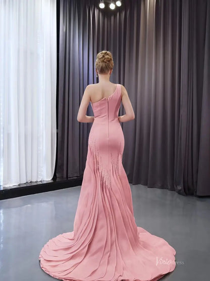 Elegant One-Shoulder Pink Mermaid Gown with Sequins and Flowing Train – Style 251003-Prom Dresses 2026-Viniodress-Pink-Custom Size-