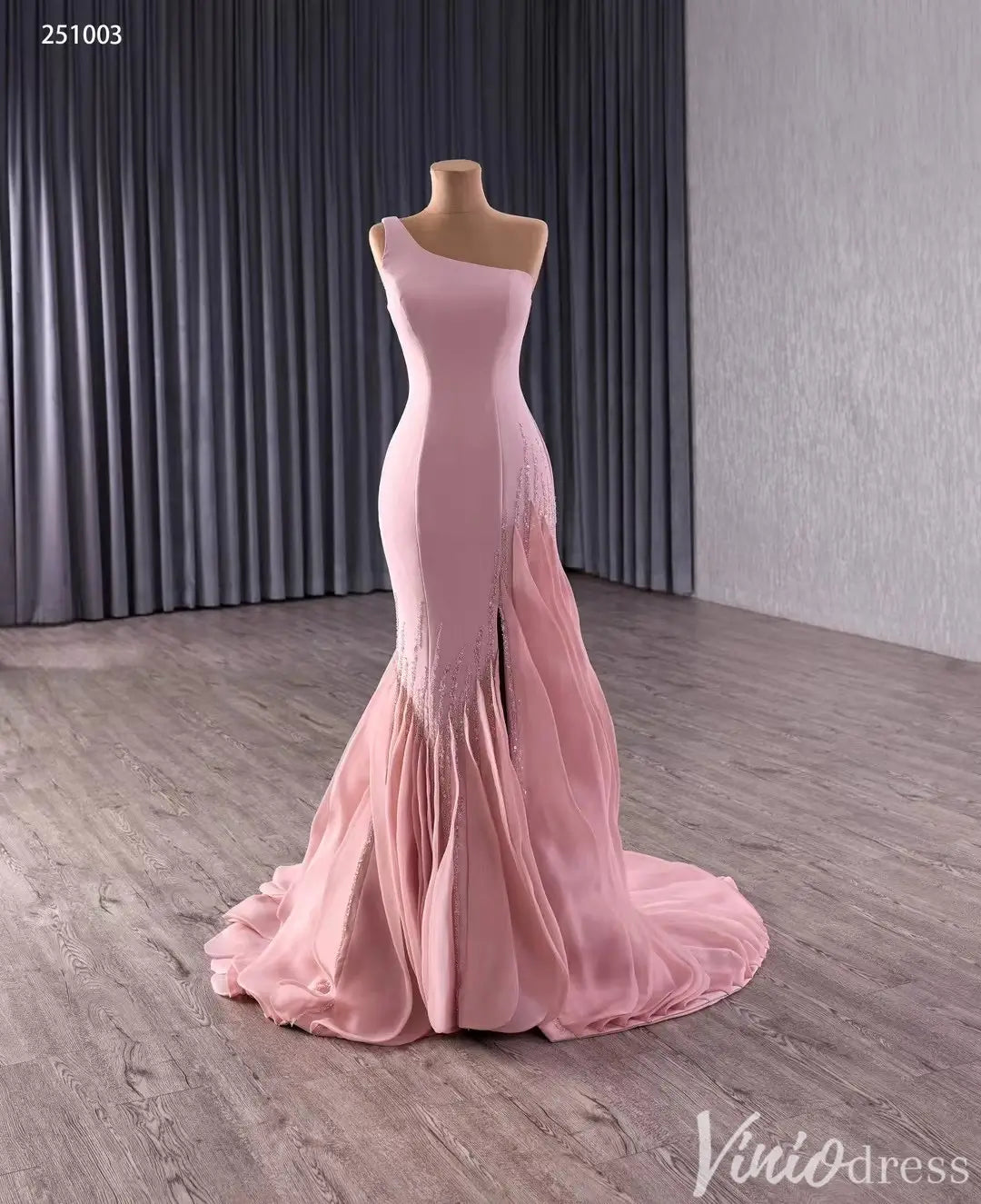 Elegant One-Shoulder Pink Mermaid Gown with Sequins and Flowing Train – Style 251003-Quinceanera Dresses 2025 -Viniodress-Pink-Custom Size-