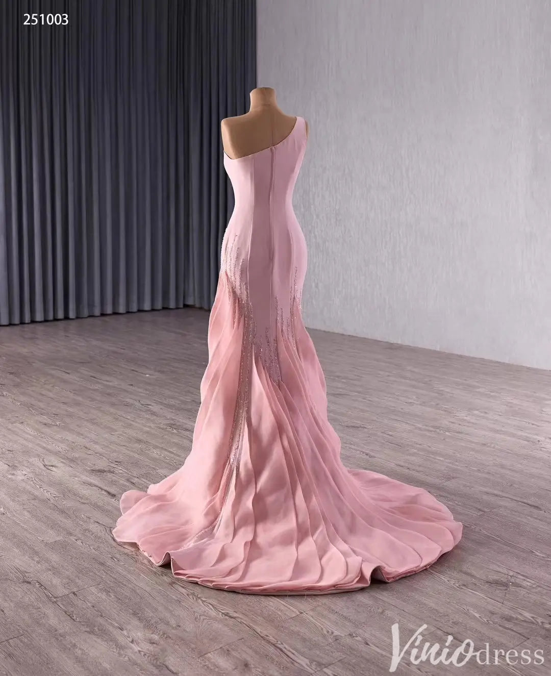 Elegant One-Shoulder Pink Mermaid Gown with Sequins and Flowing Train – Style 251003-Quinceanera Dresses 2025 -Viniodress-Pink-Custom Size-