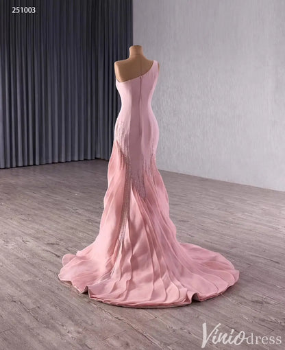 Elegant One-Shoulder Pink Mermaid Gown with Sequins and Flowing Train – Style 251003-Quinceanera Dresses 2025 -Viniodress-Pink-Custom Size-