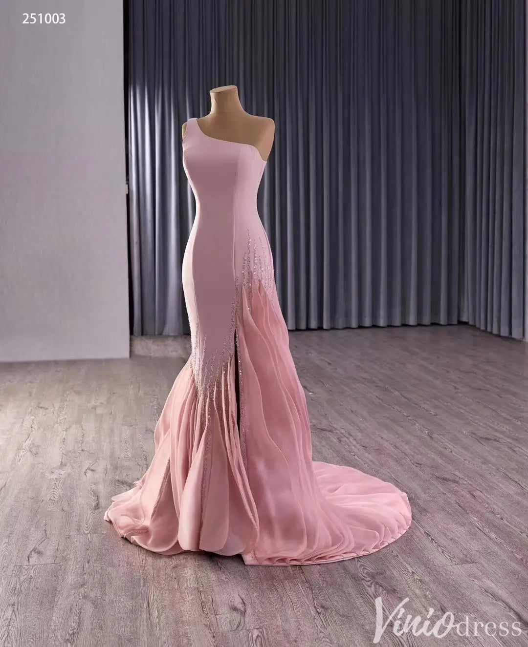 Elegant One-Shoulder Pink Mermaid Gown with Sequins and Flowing Train – Style 251003-Quinceanera Dresses 2025 -Viniodress-Pink-Custom Size-