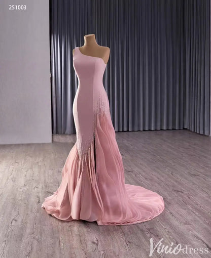 Elegant One-Shoulder Pink Mermaid Gown with Sequins and Flowing Train – Style 251003-Quinceanera Dresses 2025 -Viniodress-Pink-Custom Size-