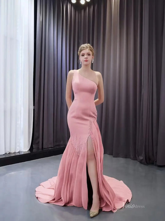 Elegant One-Shoulder Pink Mermaid Gown with Sequins and Flowing Train – Style 251003-Prom Dresses 2026-Viniodress-Pink-Custom Size-