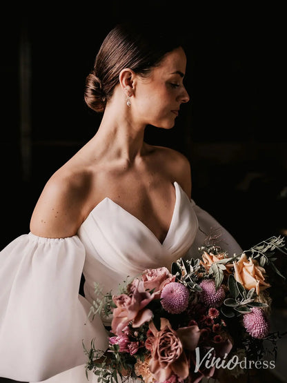 Elegant Organza Wedding Dress with Off-Shoulder Puff Sleeves and Sweetheart Neckline – MS104-wedding dresses 2025 -Viniodress-Ivory-Custom Size-
