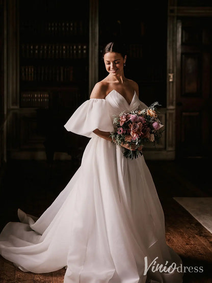 Elegant Organza Wedding Dress with Off-Shoulder Puff Sleeves and Sweetheart Neckline – MS104-wedding dresses 2025 -Viniodress-Ivory-Custom Size-